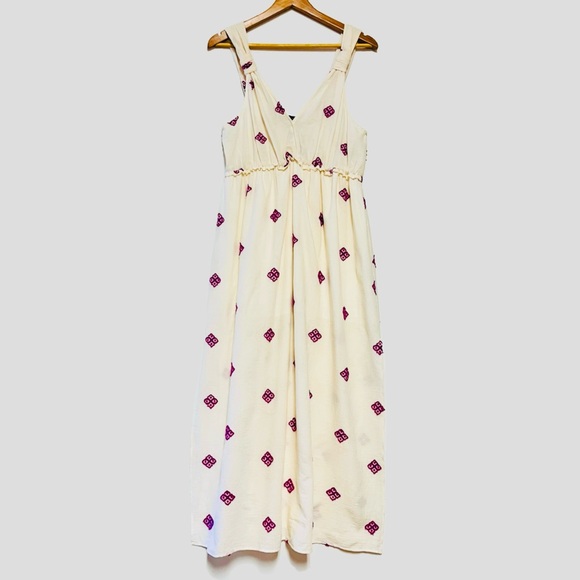 Zara Rustic Dress Womens Large Embroidered Midi Cottagecore Ivory Purple Boho - Picture 3 of 15